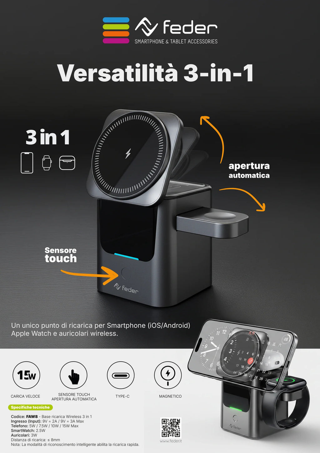 Base di ricarica Dock 3 in 1 Magsafe Wireless con ricarica veloce per iPhone