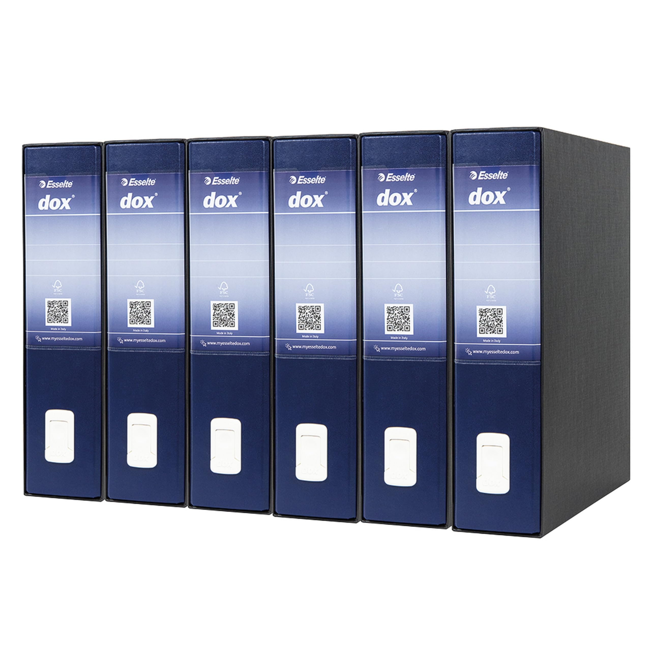 Esselte DOX 2 - 6 Registratori con custodia A4 e meccanismo a leva, Raccoglitori con leva formato Protocollo (23x33cm) con Dorso da 8 cm, Blu, 85 x 352 x 288 mm, Conf.da 6 pezzi, D26204