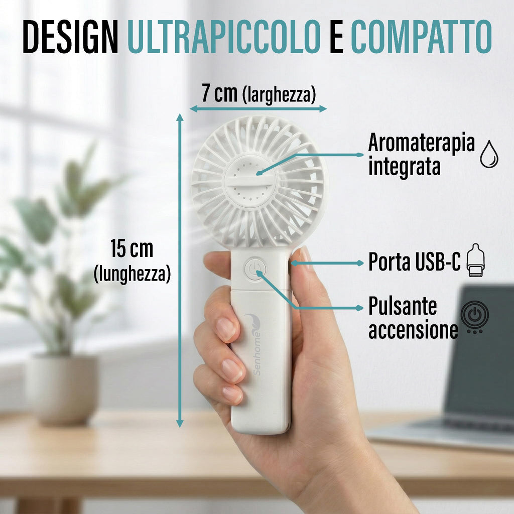 Ventilatore Portatile Ricaricabile - Vano Aromaterapia con Cartuccia in Cotone per Oli Essenziali - 3 Velocità