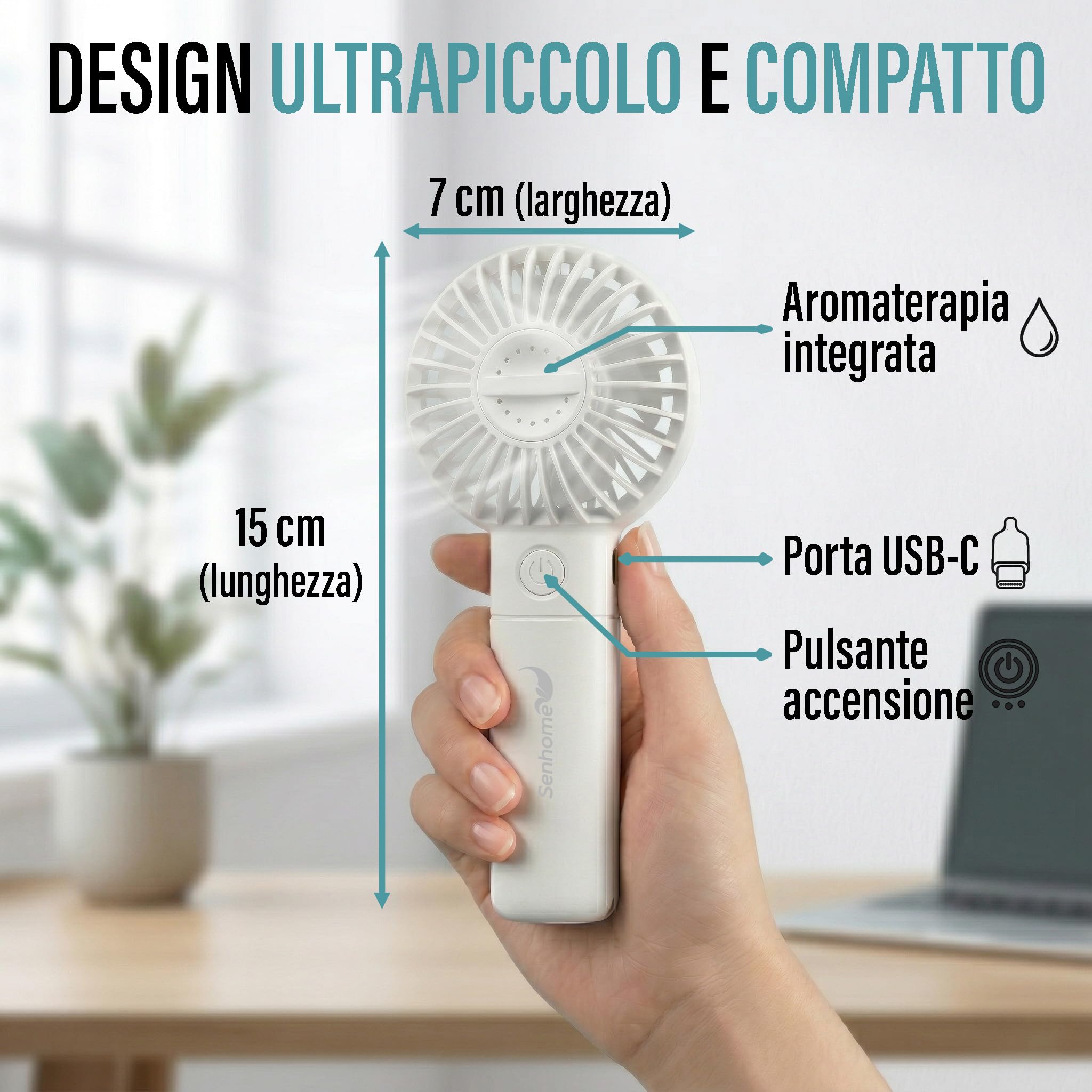 Ventilatore Portatile Ricaricabile - Vano Aromaterapia con Cartuccia in Cotone per Oli Essenziali - 3 Velocità