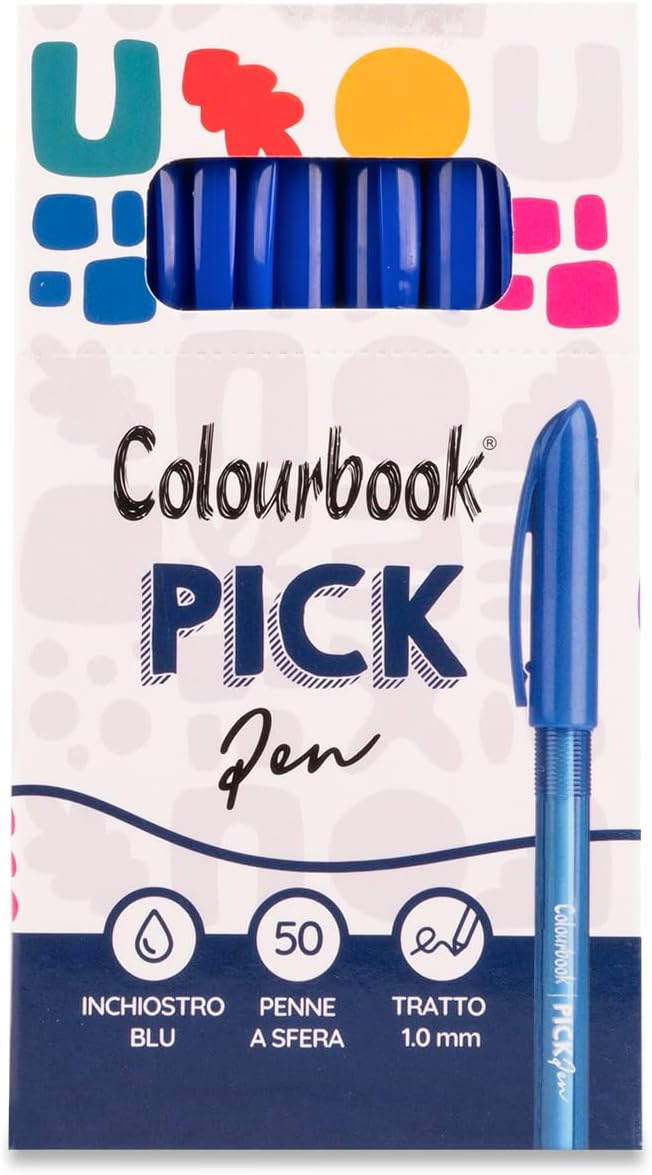 Colourbook Set 50 Penne A Sfera Blu Punta Media 1mm, Con Grip Ergonomico Morbido, Scrittura Scorrevole Senza Interruzioni