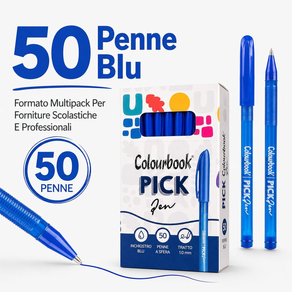 Colourbook Set 50 Penne A Sfera Blu Punta Media 1mm, Con Grip Ergonomico Morbido, Scrittura Scorrevole Senza Interruzioni