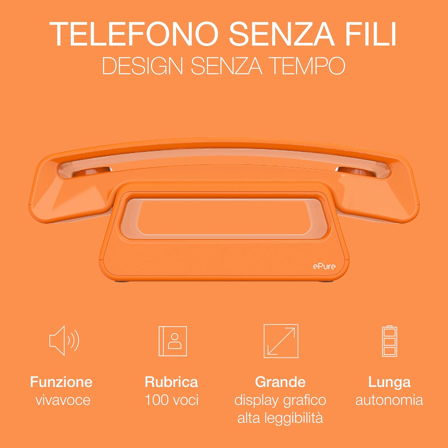 ALCATEL ePure Iconic - Telefono fisso cordless DECT - Design vintage - Grande display grafico ad alta leggibilità - Vivavoce - Funzione blocco chiamate - Arancione