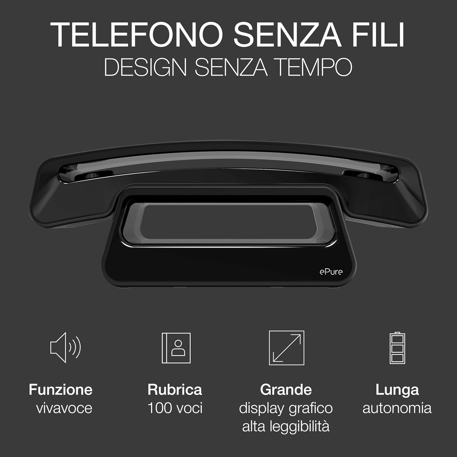 ALCATEL ePure Iconic - Telefono fisso cordless DECT - Design vintage - Grande display grafico ad alta leggibilità - Vivavoce - Funzione blocco chiamate - Nero