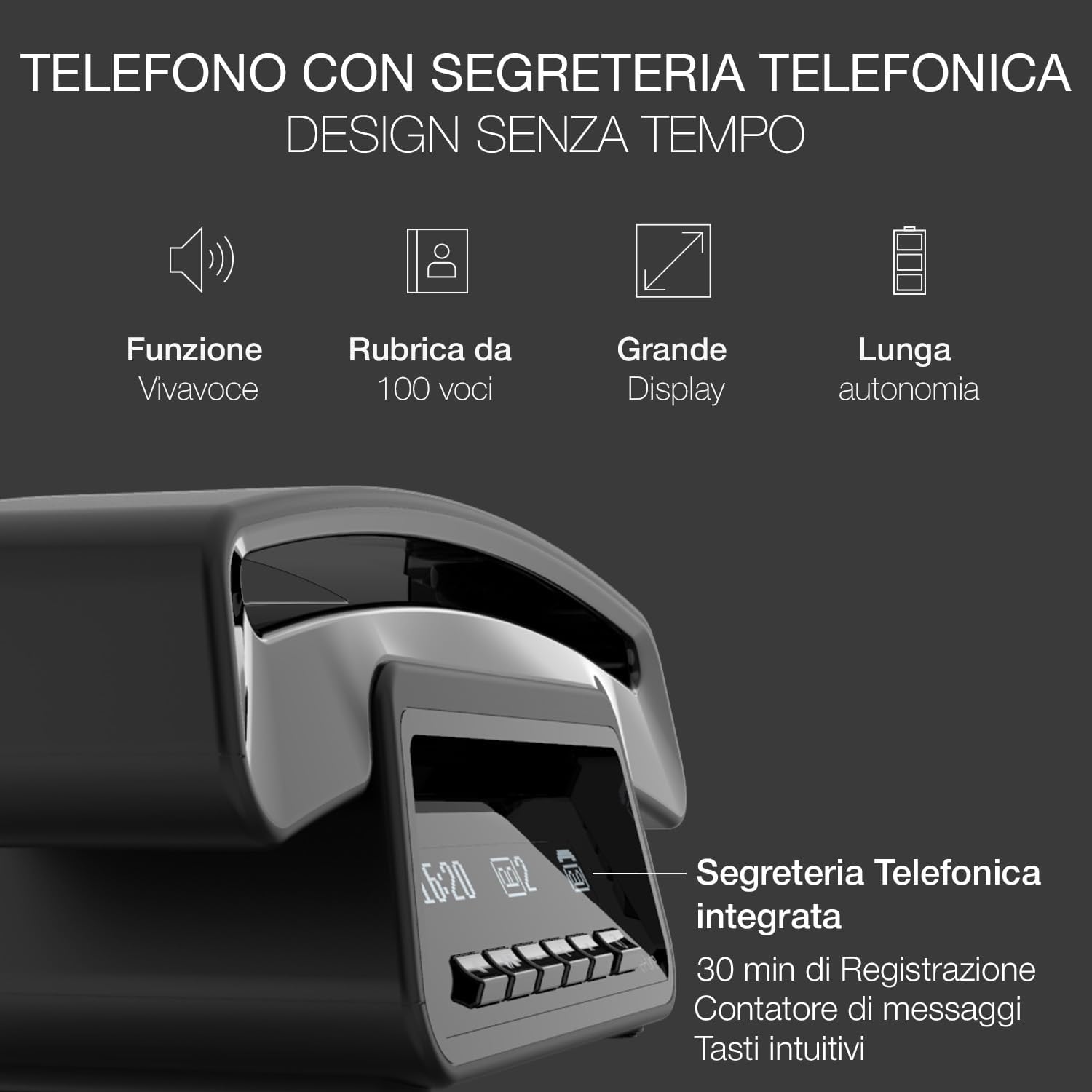 ALCATEL ePure Premium - Telefono fisso cordless DECT con segreteria - Design vintage - Base con display smart - Grande display grafico - Vivavoce - Funzione blocco chiamate - Nero