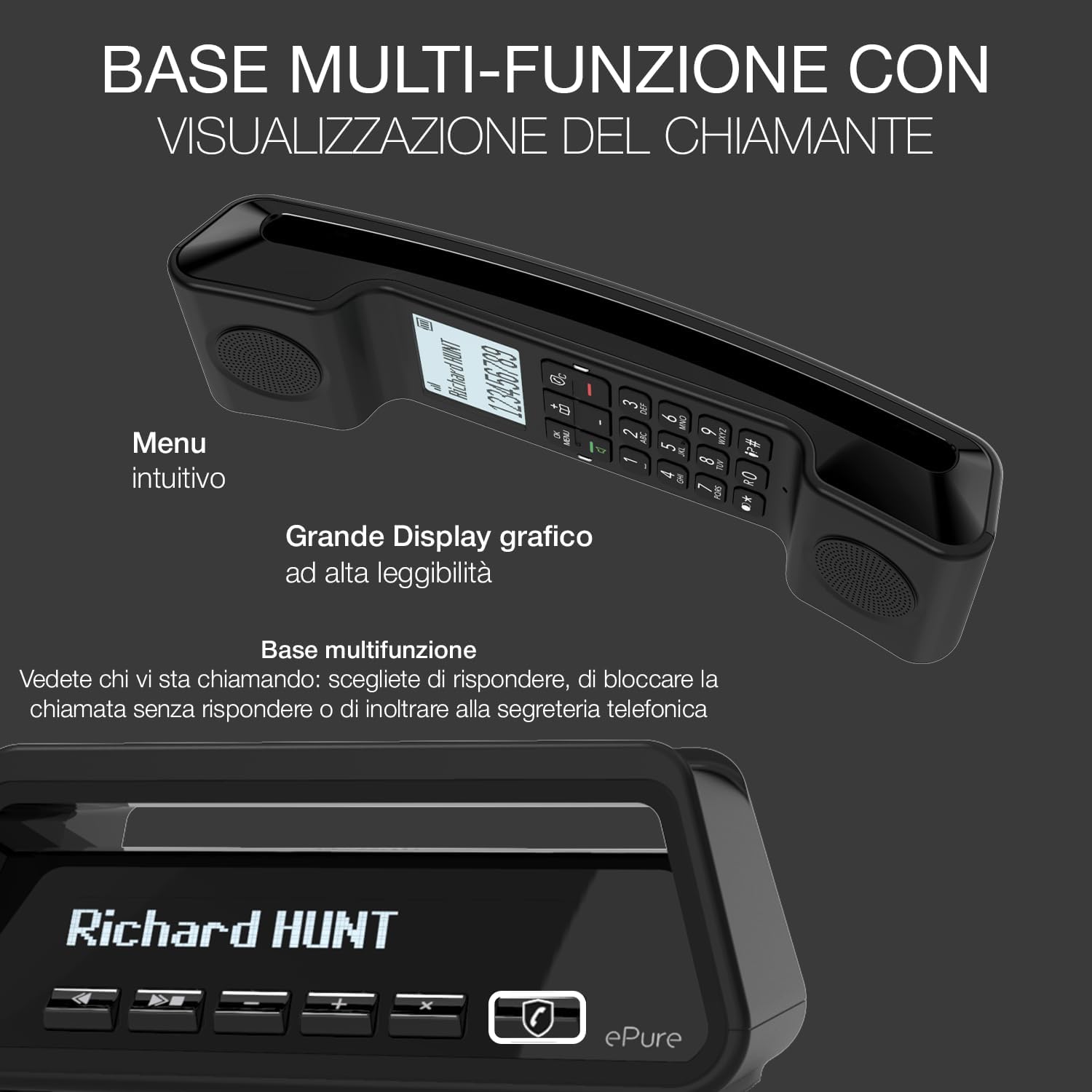 ALCATEL ePure Premium - Telefono fisso cordless DECT con segreteria - Design vintage - Base con display smart - Grande display grafico - Vivavoce - Funzione blocco chiamate - Nero