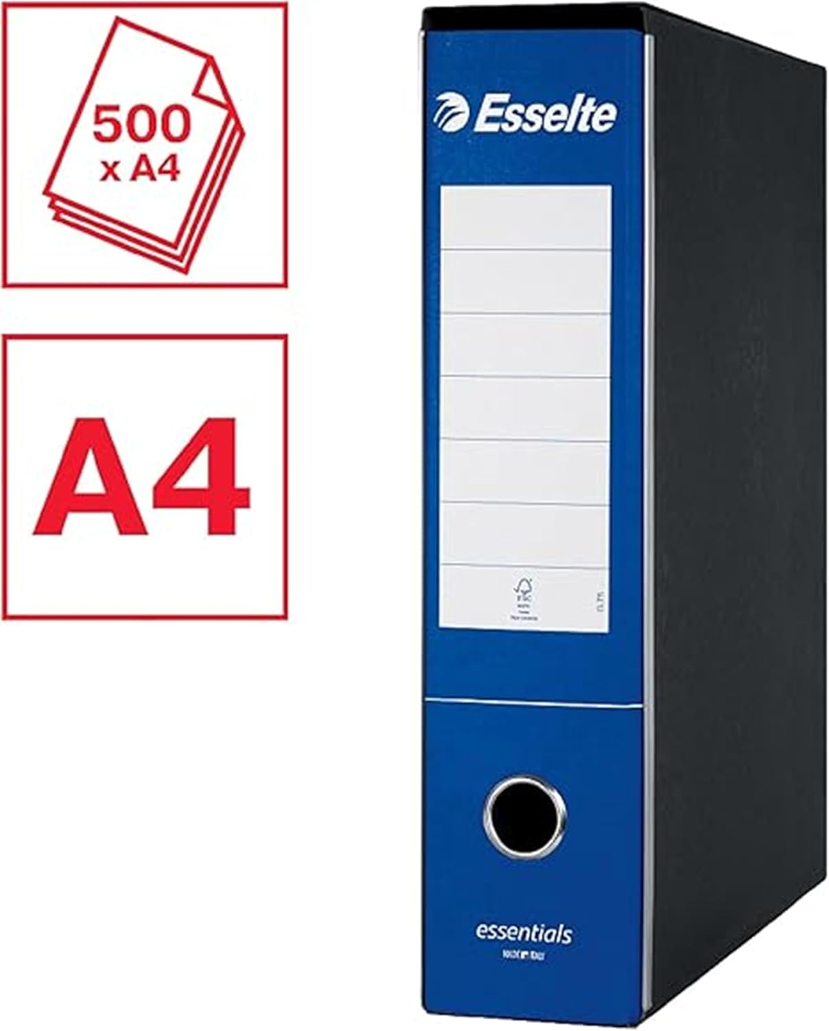 Esselte ESSENTIALS G75 Registratore con Custodia, con Meccanismo a Leva, in Formato Protocollo con Dorso da 8 cm, Blu, Conf.da 6 pezzi, 390775050