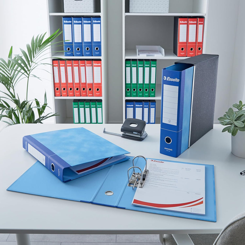 Esselte ESSENTIALS G75 Registratore con Custodia, con Meccanismo a Leva, in Formato Protocollo con Dorso da 8 cm, Blu, Conf.da 6 pezzi, 390775050