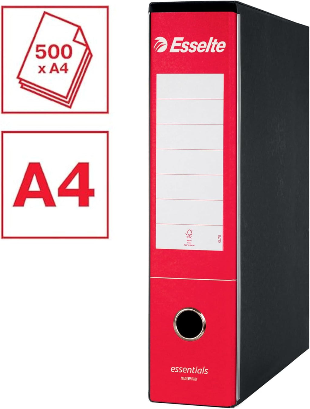 Esselte ESSENTIALS G75 Registratore con Custodia, con Meccanismo a Leva, in Formato Protocollo, 23x33cm, con Dorso da 8 cm, Rosso, Conf.da 6 pezzi, 390775160