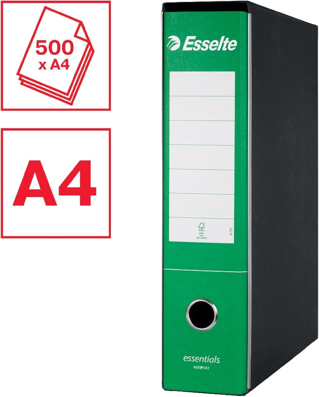 Esselte ESSENTIALS G73 Registratore con Custodia,Meccanismo a Leva, Dorso da 8 cm, Verde, Conf.da 6 pezzi, 390773180