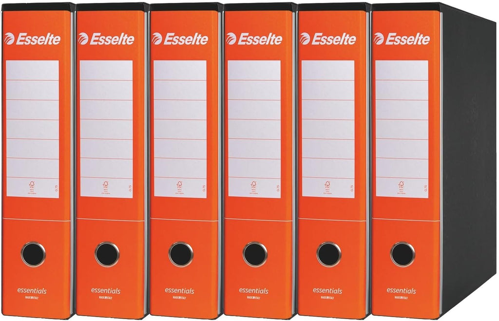 Esselte ESSENTIALS G75 Registratore con Custodia, con Meccanismo a Leva, in Formato Protocollo, 23x33cm, con Dorso da 8 cm, Arancione, Conf.da 6 pezzi, 390775200