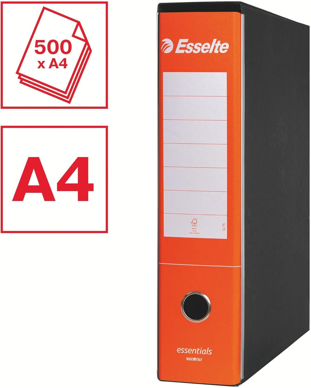 Esselte ESSENTIALS G75 Registratore con Custodia, con Meccanismo a Leva, in Formato Protocollo, 23x33cm, con Dorso da 8 cm, Arancione, Conf.da 6 pezzi, 390775200