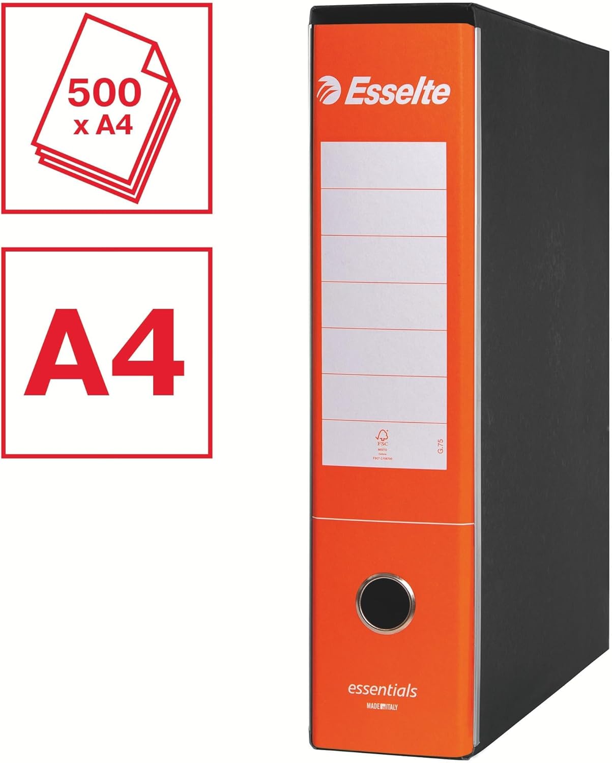 Esselte ESSENTIALS G75 Registratore con Custodia, con Meccanismo a Leva, in Formato Protocollo, 23x33cm, con Dorso da 8 cm, Arancione, Conf.da 6 pezzi, 390775200
