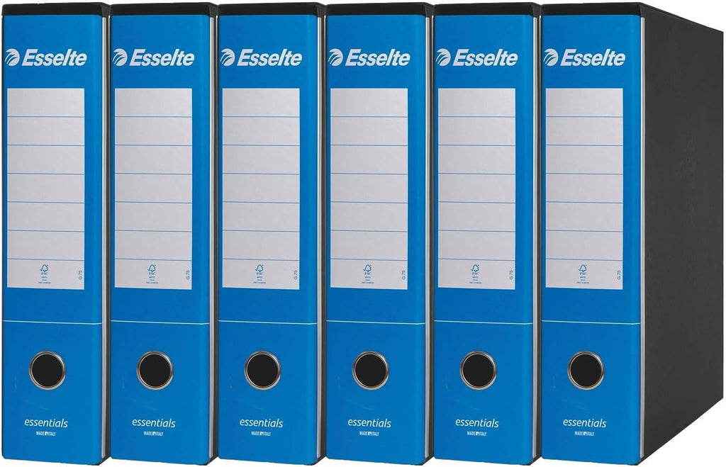 Esselte ESSENTIALS G75 Registratore con Custodia, con Meccanismo a Leva, in Formato Protocollo, 23x33cm, con Dorso da 8 cm, Azzurro, Conf.da 6 pezzi, 390775800