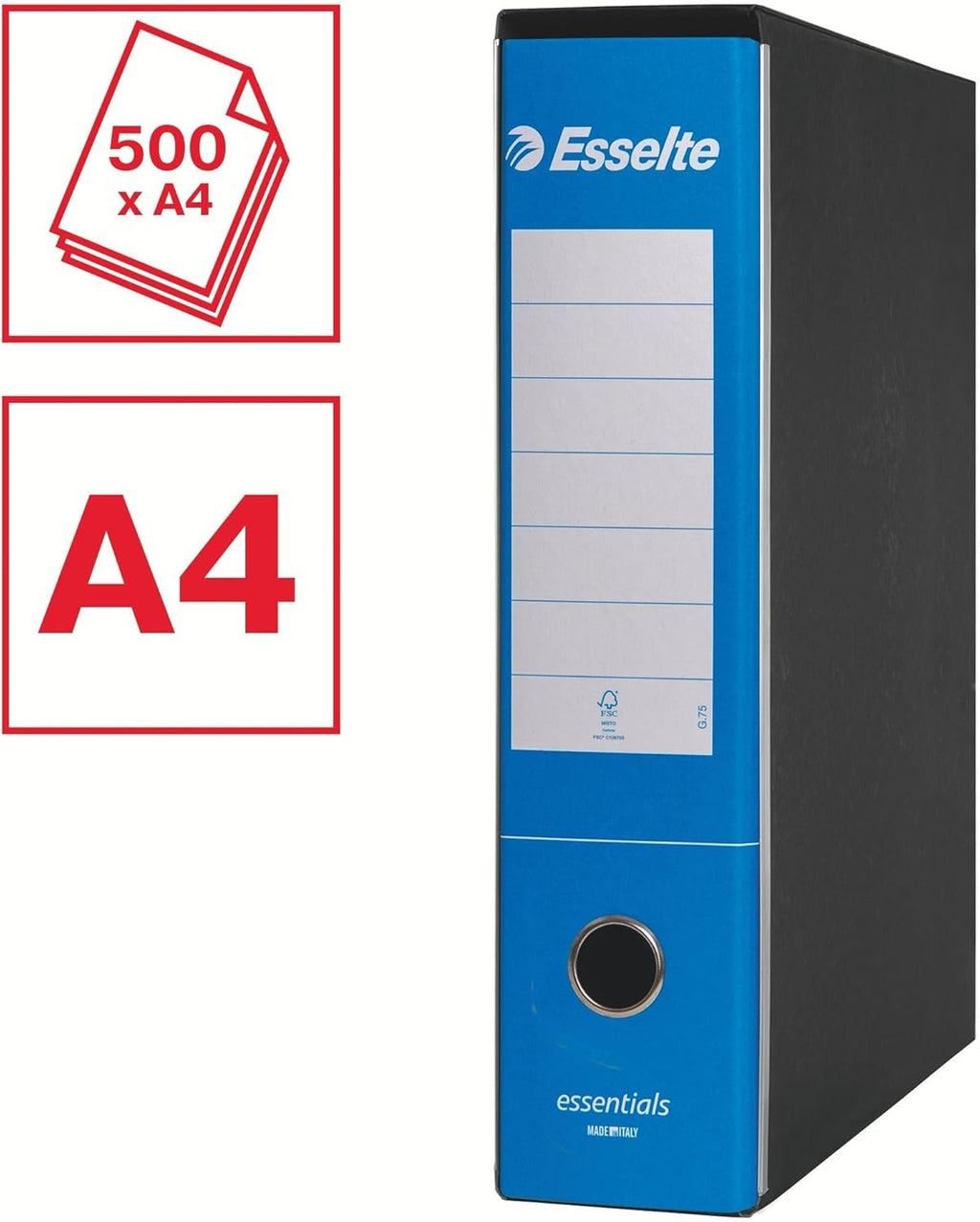 Esselte ESSENTIALS G75 Registratore con Custodia, con Meccanismo a Leva, in Formato Protocollo, 23x33cm, con Dorso da 8 cm, Azzurro, Conf.da 6 pezzi, 390775800