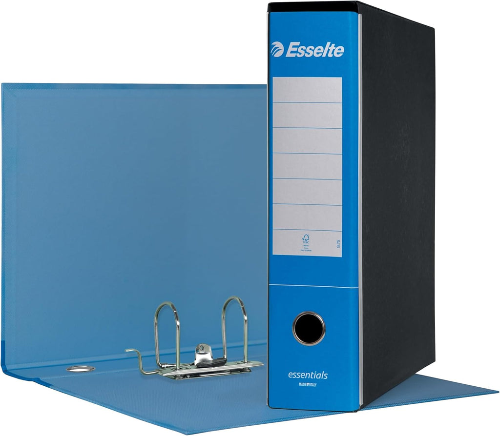 Esselte ESSENTIALS G75 Registratore con Custodia, con Meccanismo a Leva, in Formato Protocollo, 23x33cm, con Dorso da 8 cm, Azzurro, Conf.da 6 pezzi, 390775800