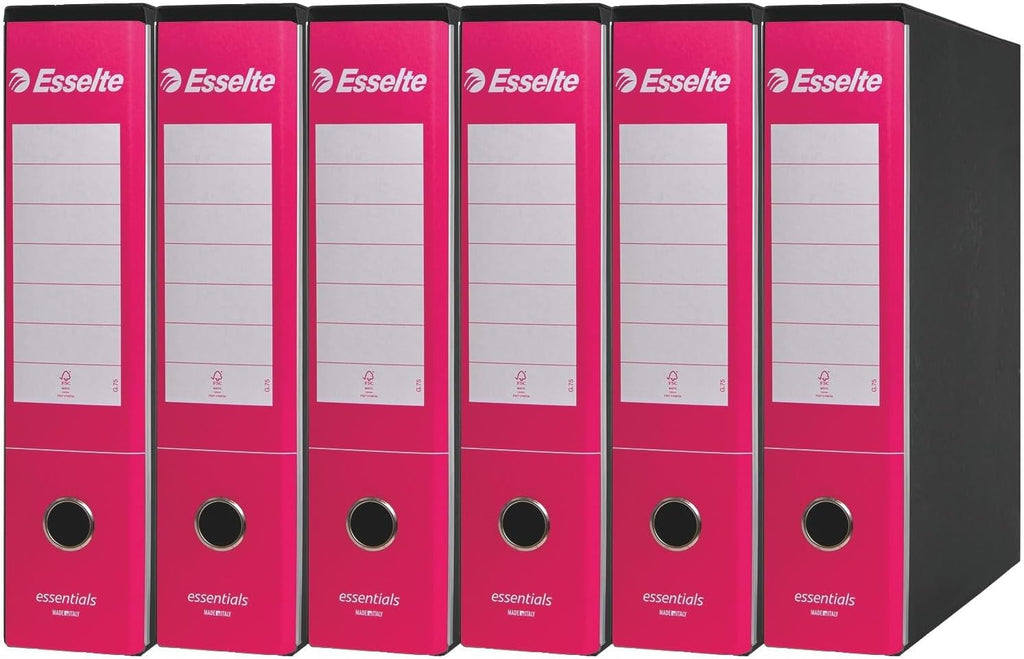 Esselte ESSENTIALS G75 Registratore con Custodia, con Meccanismo a Leva, in Formato Protocollo, 23x33cm, con Dorso da 8 cm, Fucsia, Conf.da 6 pezzi, 390775900