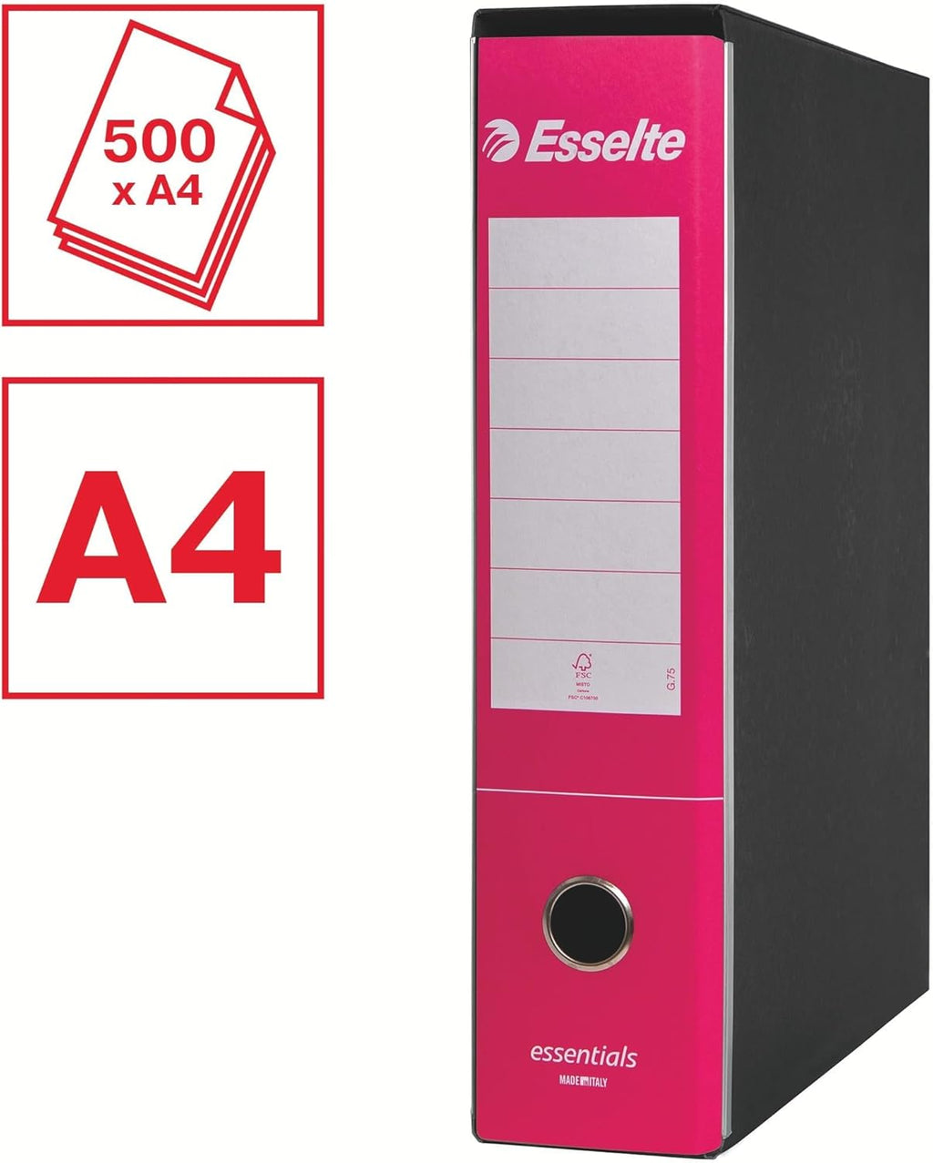 Esselte ESSENTIALS G75 Registratore con Custodia, con Meccanismo a Leva, in Formato Protocollo, 23x33cm, con Dorso da 8 cm, Fucsia, Conf.da 6 pezzi, 390775900