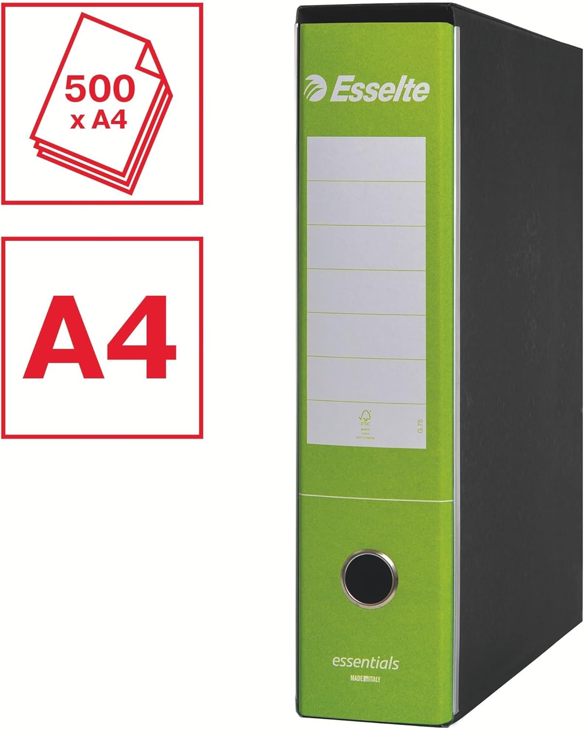 Esselte ESSENTIALS G75 Registratore con Custodia, con Meccanismo a Leva, in Formato Protocollo, 23x33cm, con Dorso da 8 cm, Verde Chiaro, Conf.da 6 pezzi, 390775600