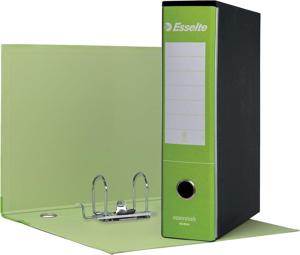 Esselte ESSENTIALS G75 Registratore con Custodia, con Meccanismo a Leva, in Formato Protocollo, 23x33cm, con Dorso da 8 cm, Verde Chiaro, Conf.da 6 pezzi, 390775600