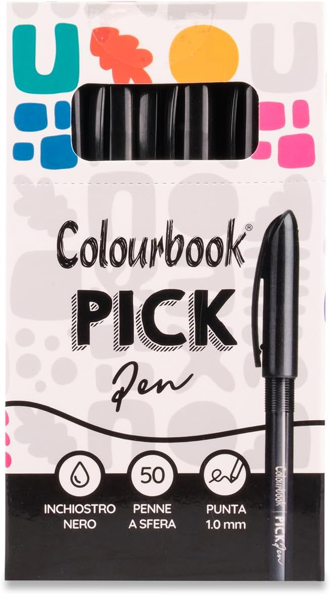 Colourbook Set 50 Penne A Sfera Nere Punta Media 1mm, Con Grip Ergonomico Morbido, Scrittura Scorrevole Senza Interruzioni,