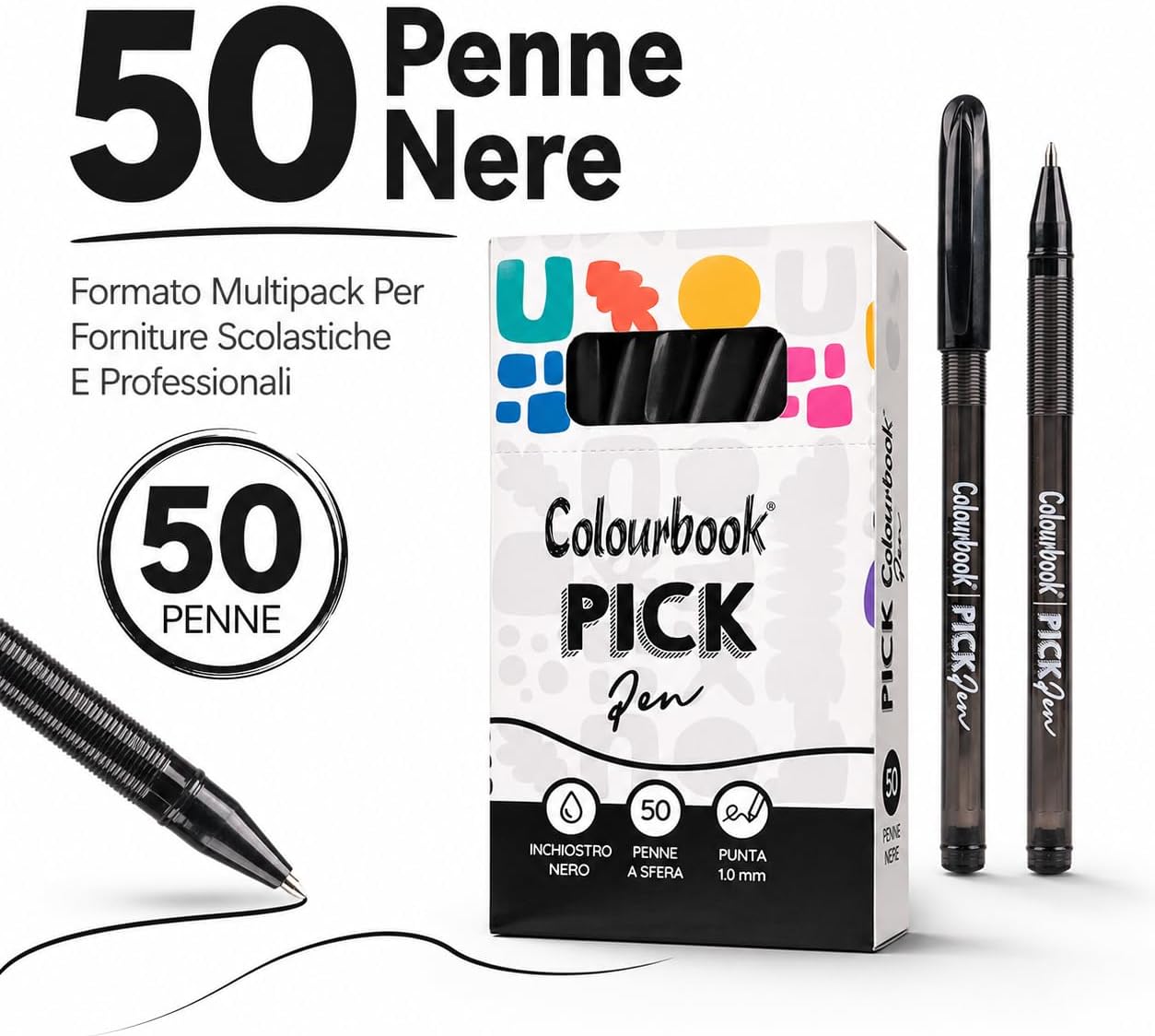 Colourbook Set 50 Penne A Sfera Nere Punta Media 1mm, Con Grip Ergonomico Morbido, Scrittura Scorrevole Senza Interruzioni,