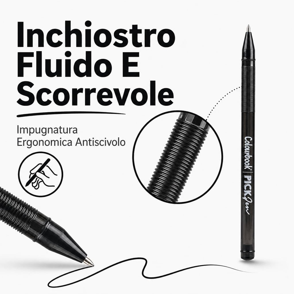 Colourbook Set 50 Penne A Sfera Nere Punta Media 1mm, Con Grip Ergonomico Morbido, Scrittura Scorrevole Senza Interruzioni,