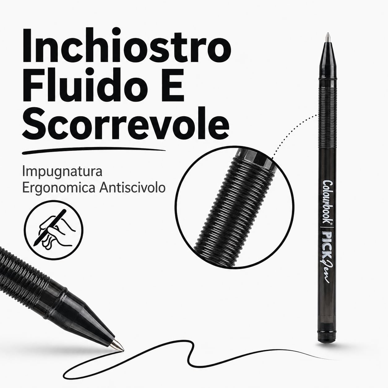 Colourbook Set 50 Penne A Sfera Nere Punta Media 1mm, Con Grip Ergonomico Morbido, Scrittura Scorrevole Senza Interruzioni,