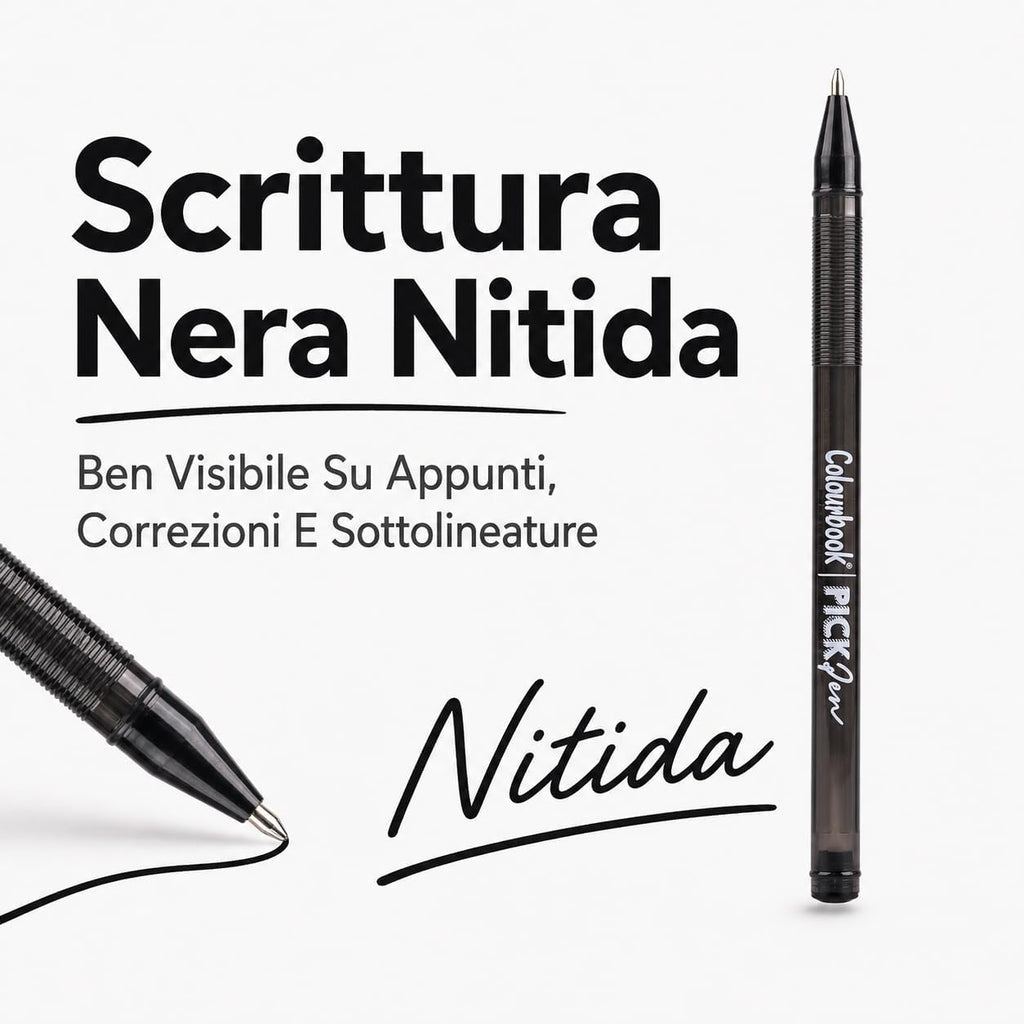 Colourbook Set 50 Penne A Sfera Nere Punta Media 1mm, Con Grip Ergonomico Morbido, Scrittura Scorrevole Senza Interruzioni,