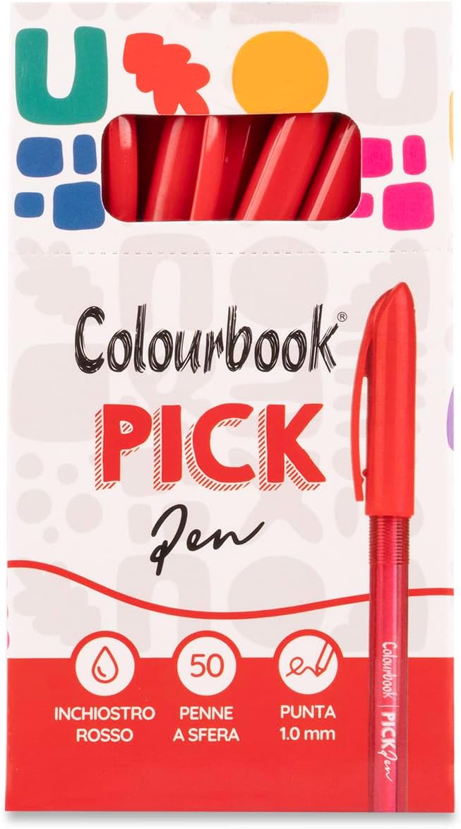Colourbook Set 50 Penne A Sfera Rosse Punta Media 1mm, Con Grip Ergonomico Morbido, Scrittura Scorrevole Senza Interruzioni