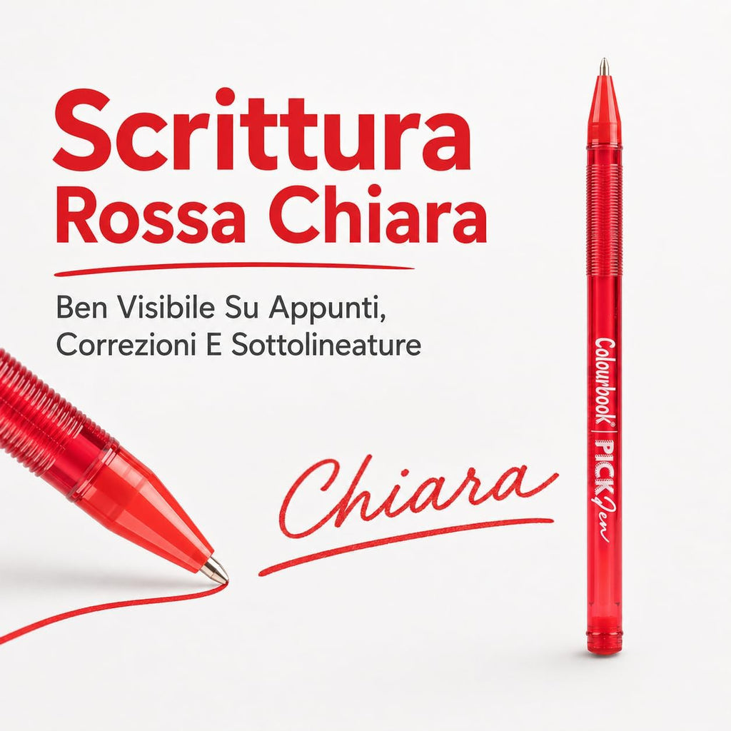 Colourbook Set 50 Penne A Sfera Rosse Punta Media 1mm, Con Grip Ergonomico Morbido, Scrittura Scorrevole Senza Interruzioni